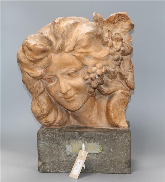 Claire Jeanne Roberte Colinet (1880-1950), Jeune Bacchante, terracotta on square black stone base with brass label, H 30cm